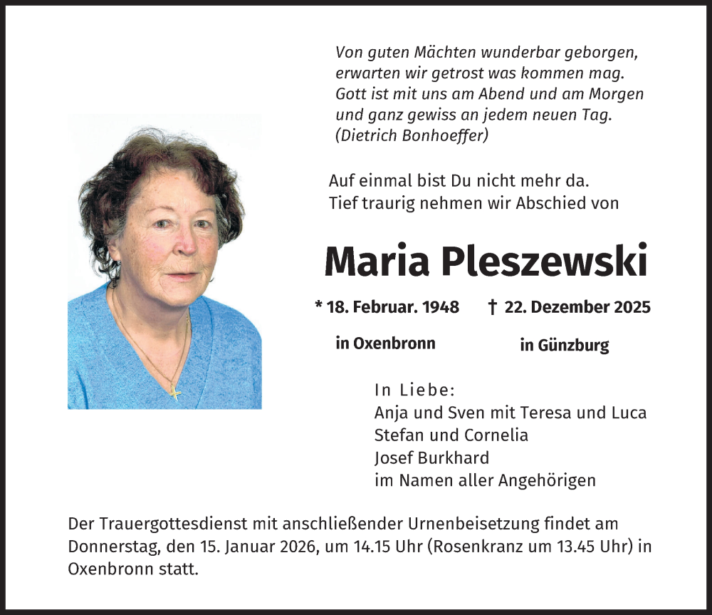 Traueranzeige von Maria Pleszewski von Günzburger Zeitung