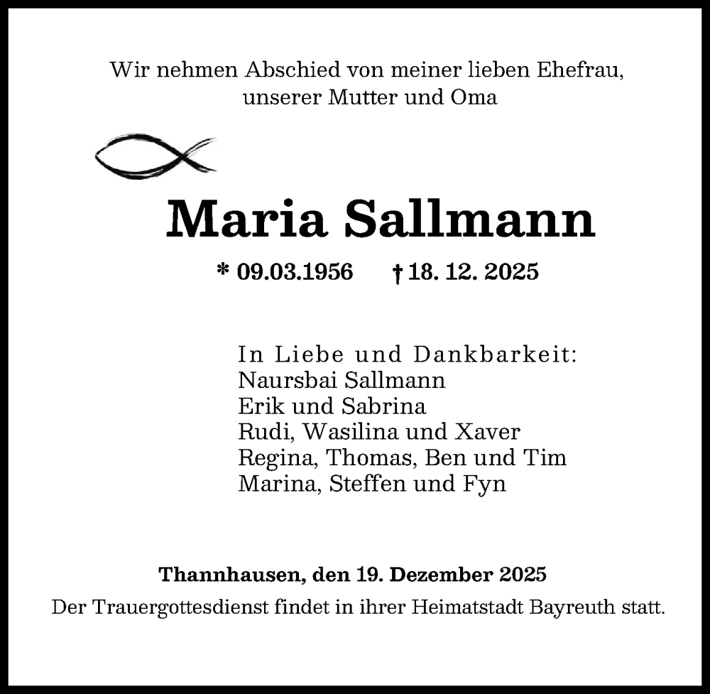 Traueranzeige von Maria Sallmann von Günzburger Zeitung