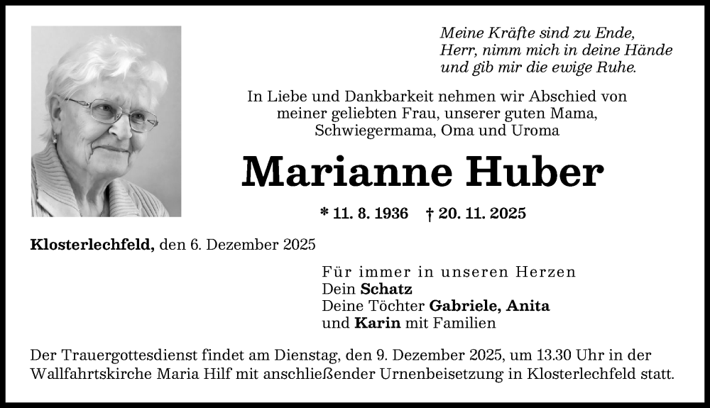 Traueranzeige von Marianne Huber von Schwabmünchner Allgemeine