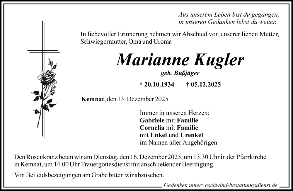 Traueranzeige von Marianne Kugler von Günzburger Zeitung, Mittelschwäbische Nachrichten