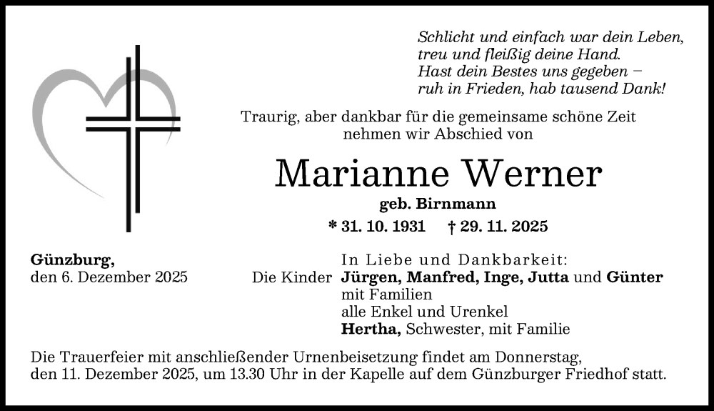  Traueranzeige für Marianne Werner vom 06.12.2025 aus Günzburger Zeitung