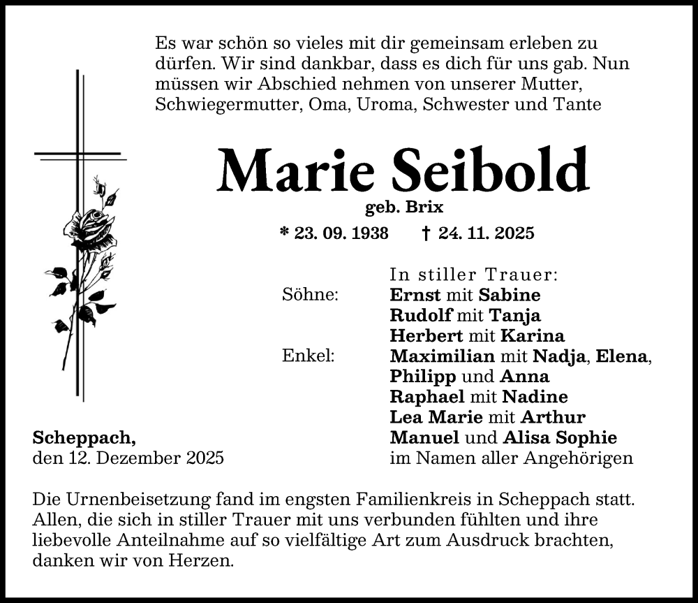 Traueranzeige von Marie Seibold von Günzburger Zeitung