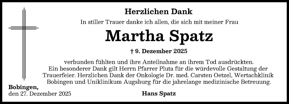 Traueranzeige von Martha Spatz von Schwabmünchner Allgemeine