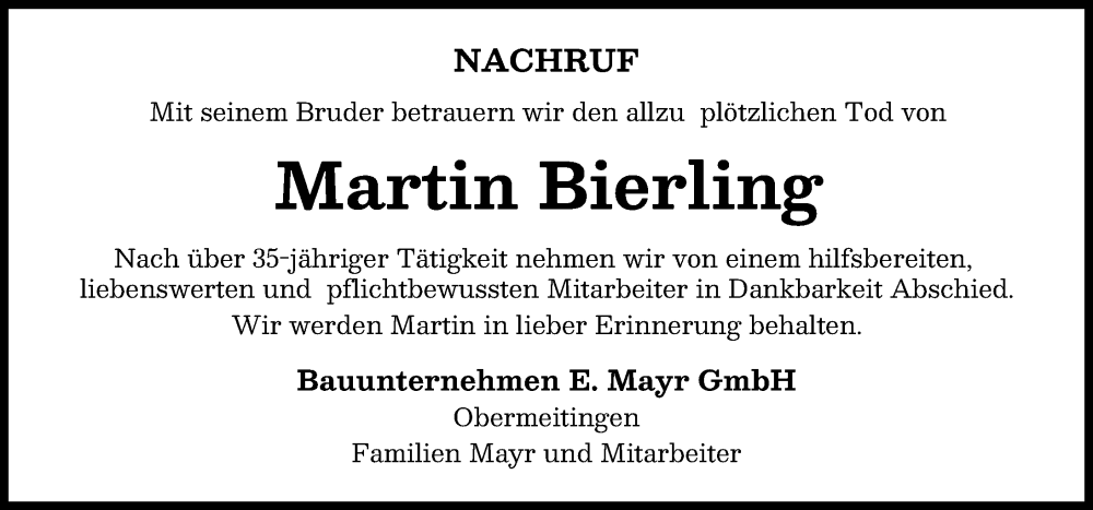 Traueranzeige von Martin Bierling von Schwabmünchner Allgemeine