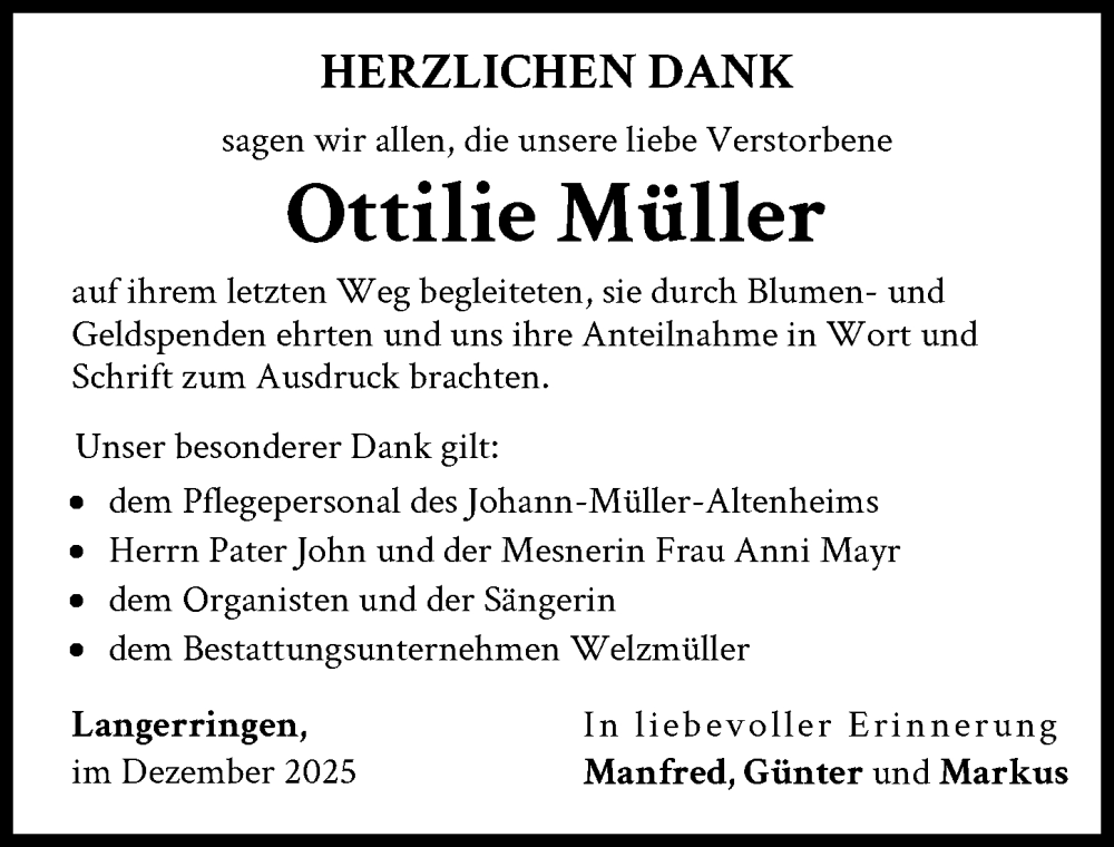Traueranzeige von Ottilie Müller von Schwabmünchner Allgemeine