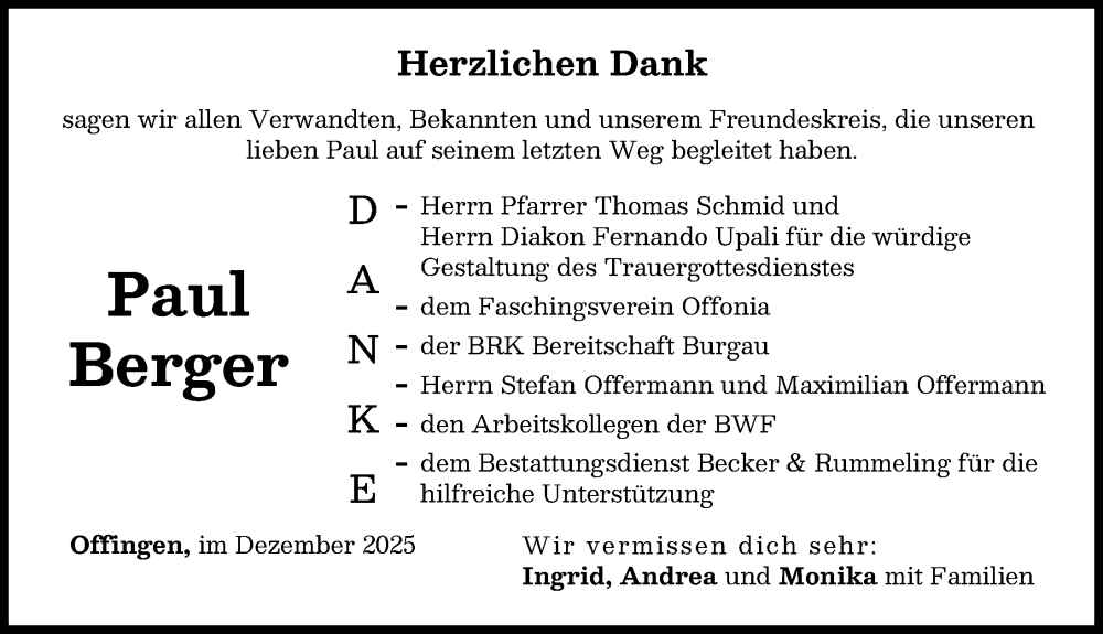 Traueranzeige von Paul Berger von Günzburger Zeitung