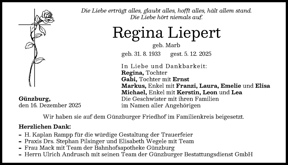  Traueranzeige für Regina Liepert vom 16.12.2025 aus Günzburger Zeitung
