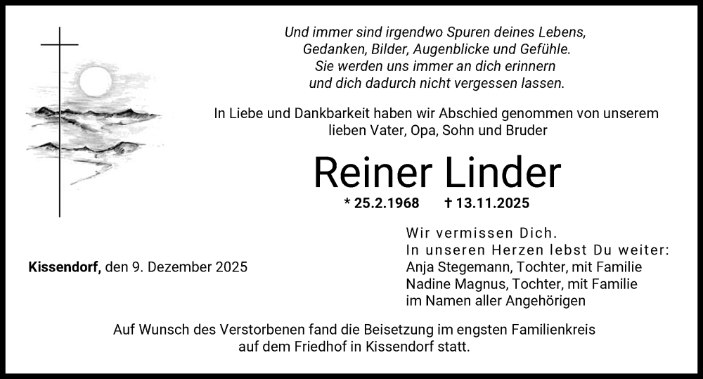  Traueranzeige für Reiner Linder vom 09.12.2025 aus Günzburger Zeitung
