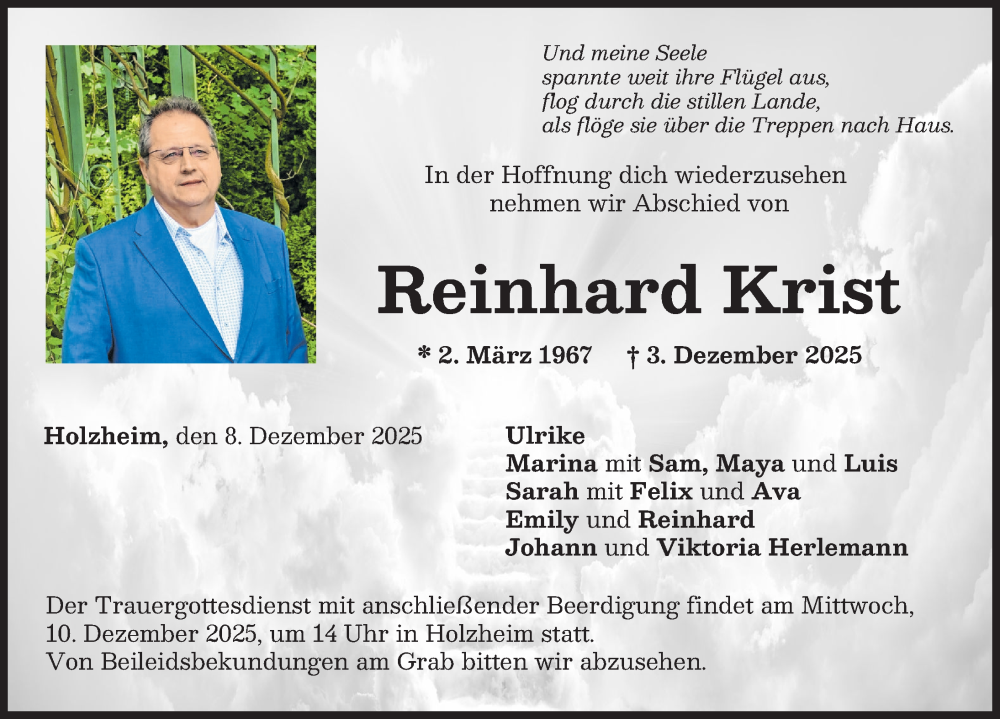  Traueranzeige für Reinhard Krist vom 08.12.2025 aus Donau Zeitung