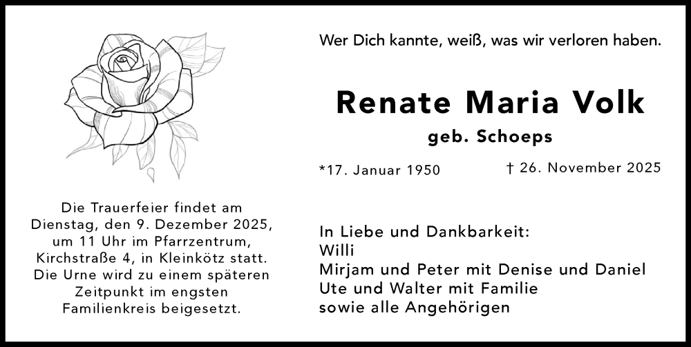 Traueranzeige von Renate Maria Volk von Günzburger Zeitung