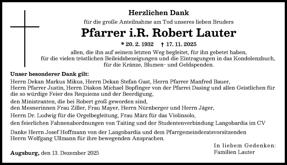 Traueranzeige von Robert Lauter von Augsburger Allgemeine