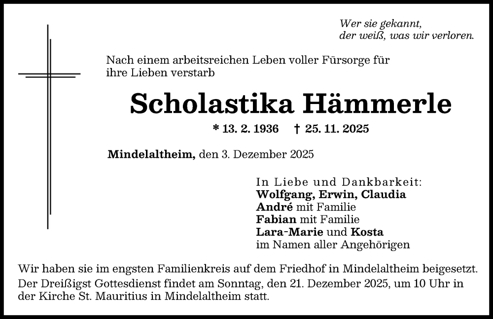 Traueranzeige von Scholastika Hämmerle von Günzburger Zeitung
