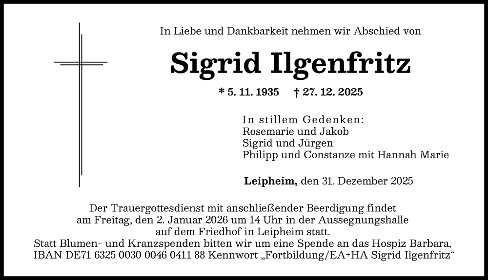  Traueranzeige für Sigrid Ilgenfritz vom 31.12.2025 aus Günzburger Zeitung