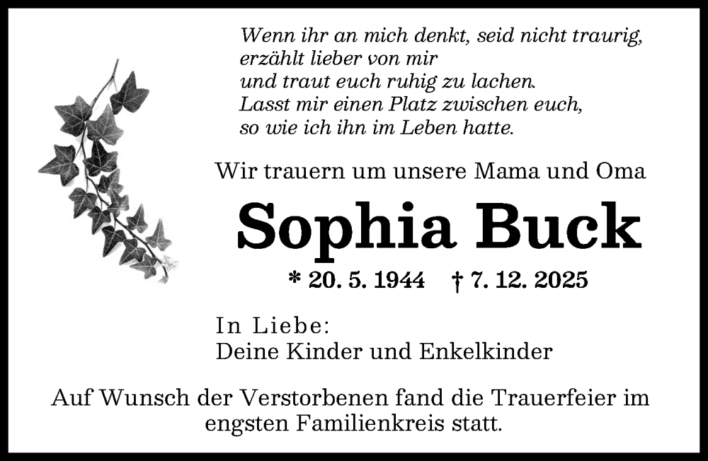 Traueranzeige von Sophia Buck von Günzburger Zeitung