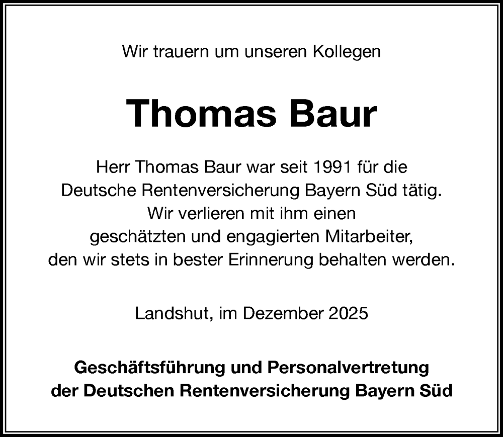  Traueranzeige für Thomas Baur vom 05.12.2025 aus Augsburger Allgemeine