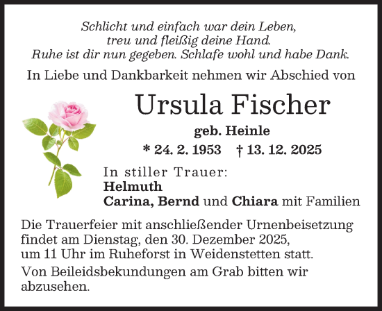 Traueranzeige von Ursula Fischer von Günzburger Zeitung