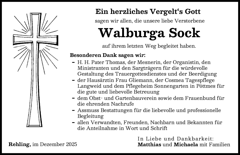  Traueranzeige für Walburga Sock vom 31.12.2025 aus Aichacher Nachrichten