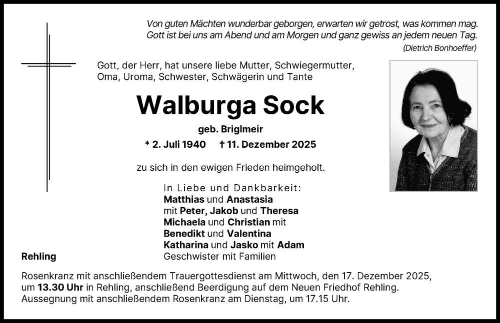  Traueranzeige für Walburga Sock vom 13.12.2025 aus Aichacher Nachrichten