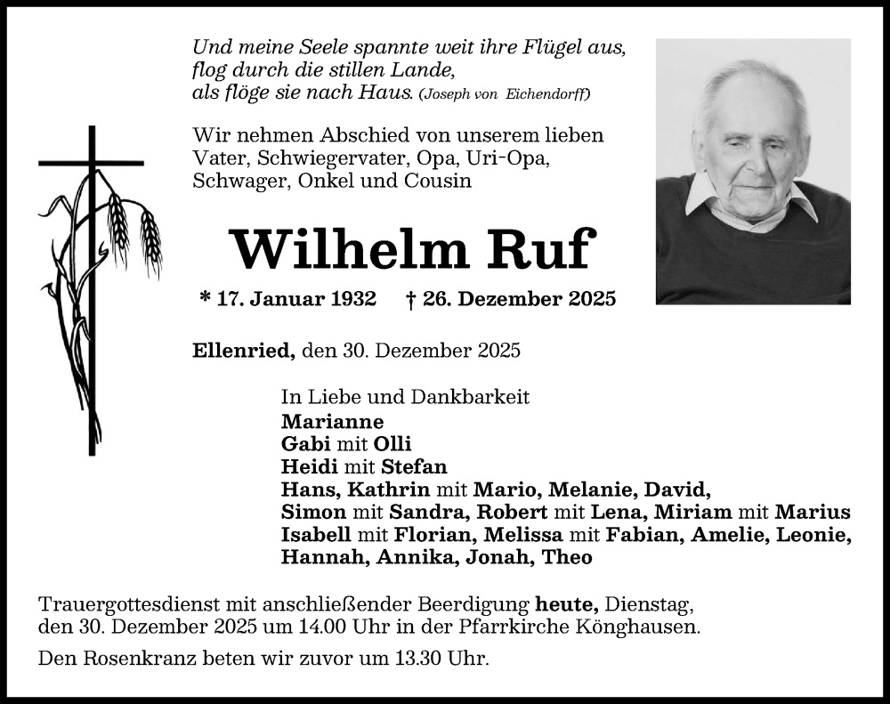 Traueranzeige von Wilhelm Ruf von Mindelheimer Zeitung, Schwabmünchner Allgemeine