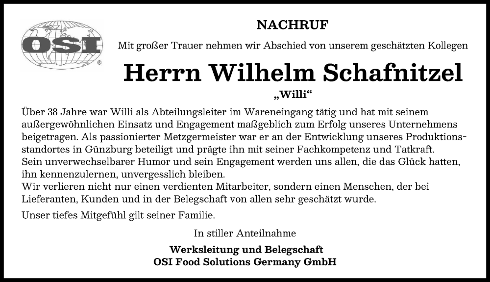 Traueranzeige von Wilhelm Schafnitzel von Günzburger Zeitung