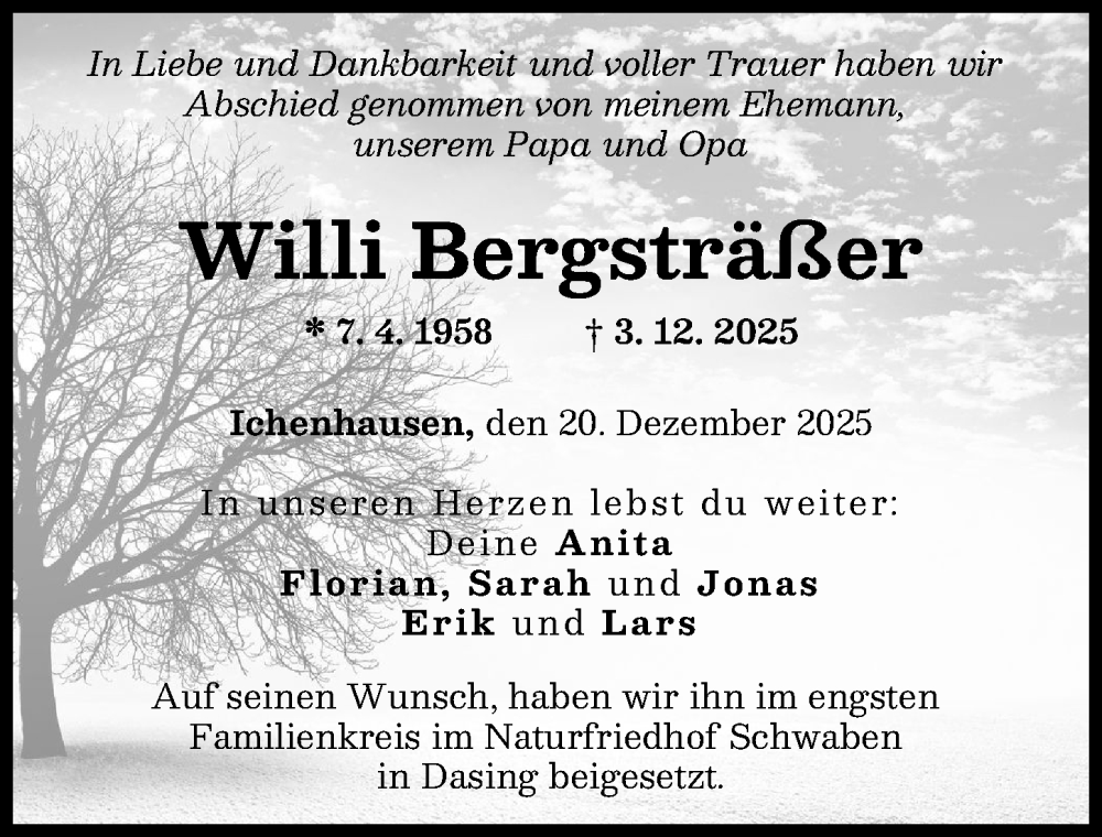 Traueranzeige von Willi Bergsträßer von Günzburger Zeitung