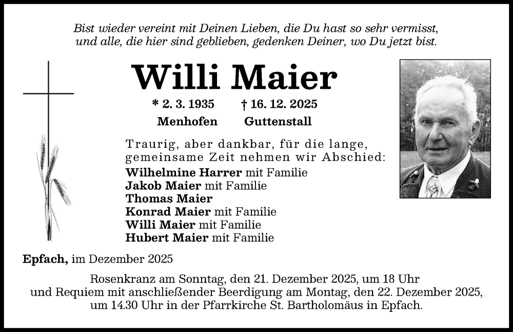  Traueranzeige für Willi Maier vom 19.12.2025 aus Landsberger Tagblatt