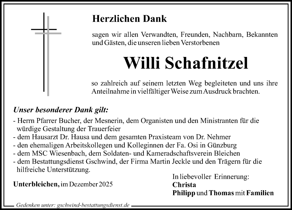  Traueranzeige für Willi Schafnitzel vom 31.12.2025 aus Mittelschwäbische Nachrichten, Günzburger Zeitung