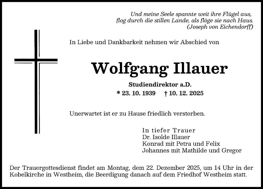  Traueranzeige für Wolfgang Illauer vom 20.12.2025 aus Augsburger Allgemeine