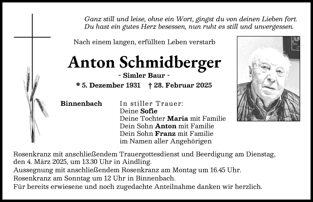 Traueranzeige von Anton Schmidberger von Aichacher Nachrichten