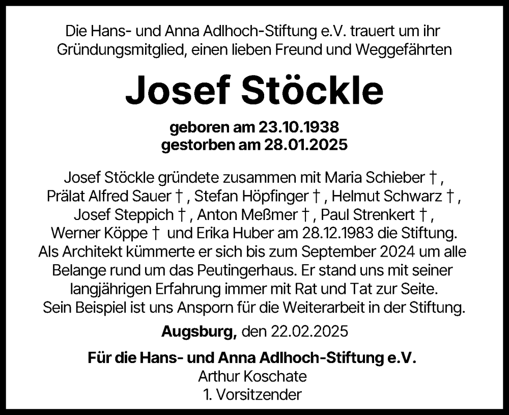 Traueranzeige von Josef Stöckle von Augsburger Allgemeine