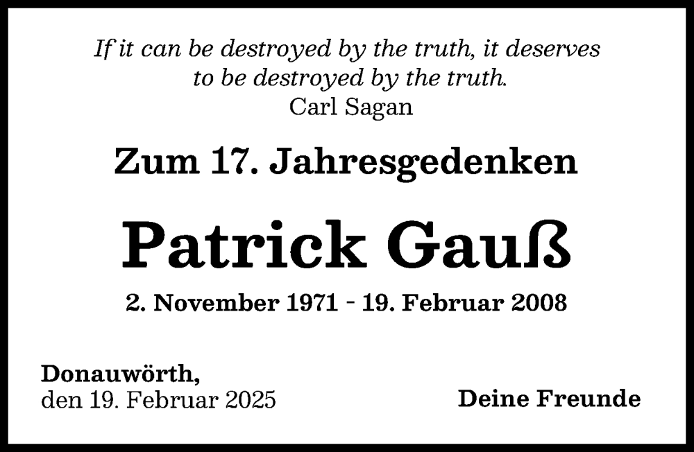  Traueranzeige für Patrick Gauß vom 19.02.2025 aus Donauwörther Zeitung