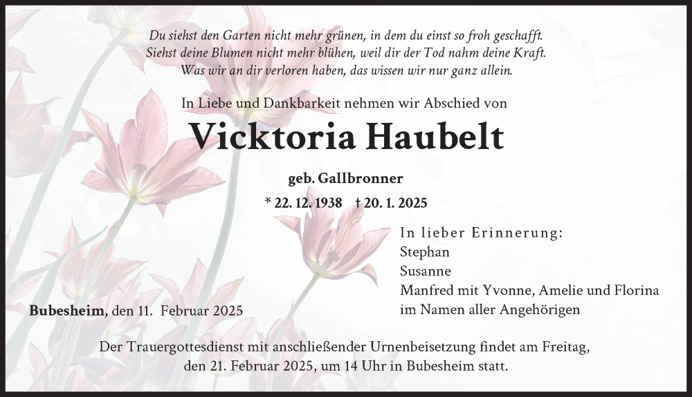 Traueranzeige von Vicktoria Haubelt von Günzburger Zeitung