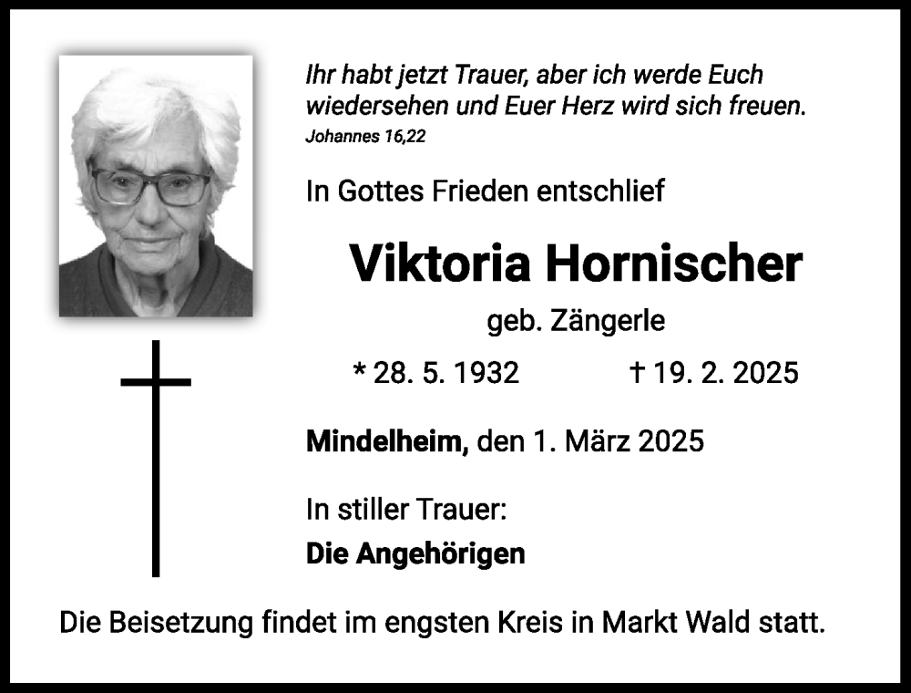  Traueranzeige für Viktoria Hornischer vom 01.03.2025 aus Mindelheimer Zeitung