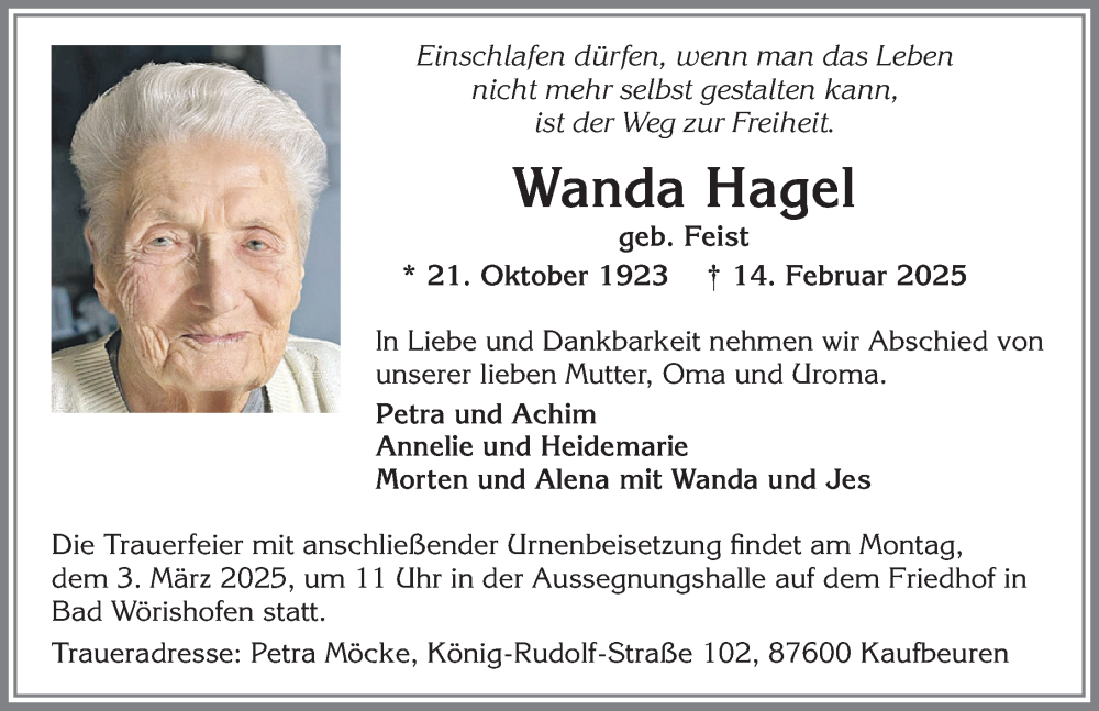 Traueranzeige von Wanda Hagel von Mindelheimer Zeitung