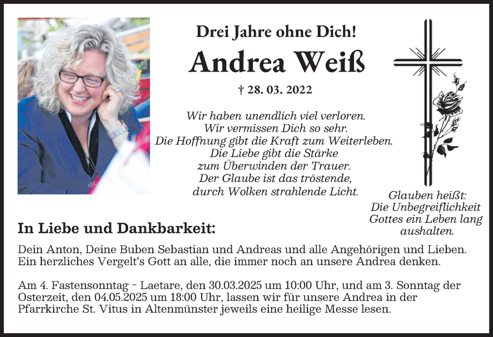  Traueranzeige für Andrea Weiß vom 28.03.2025 aus Günzburger Zeitung, Augsburger Allgemeine, Wertinger Zeitung