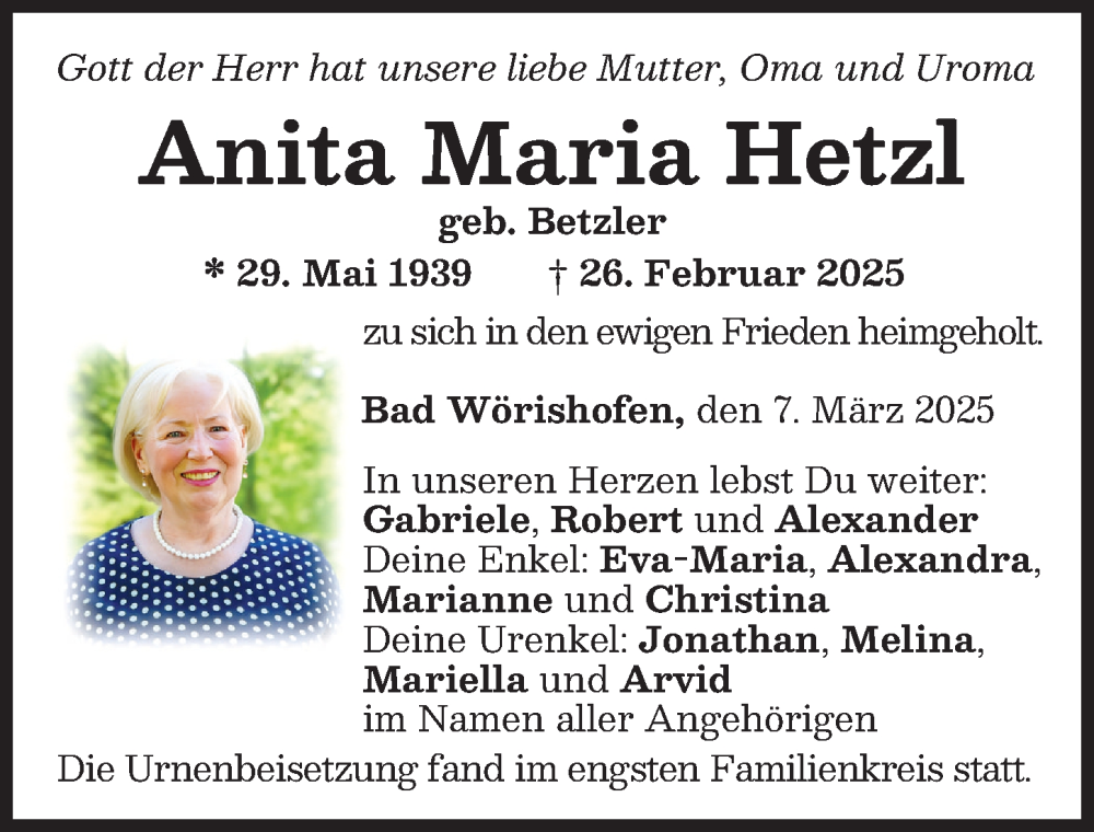 Traueranzeige von Anita Maria Hetzl von Mindelheimer Zeitung