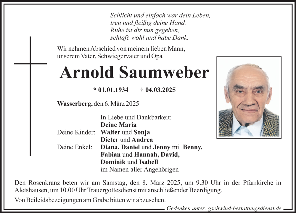 Traueranzeige von Arnold Saumweber von Mittelschwäbische Nachrichten, Mindelheimer Zeitung