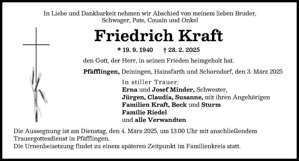 Traueranzeige von Friedrich Kraft von Rieser Nachrichten