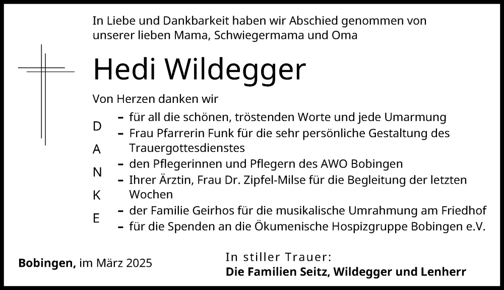 Traueranzeige von Hedi Wildegger von Schwabmünchner Allgemeine