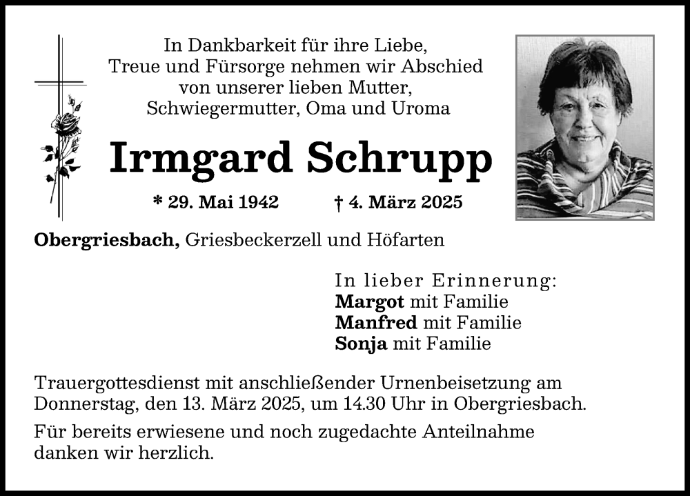 Traueranzeige von Irmgard Schrupp von Aichacher Nachrichten