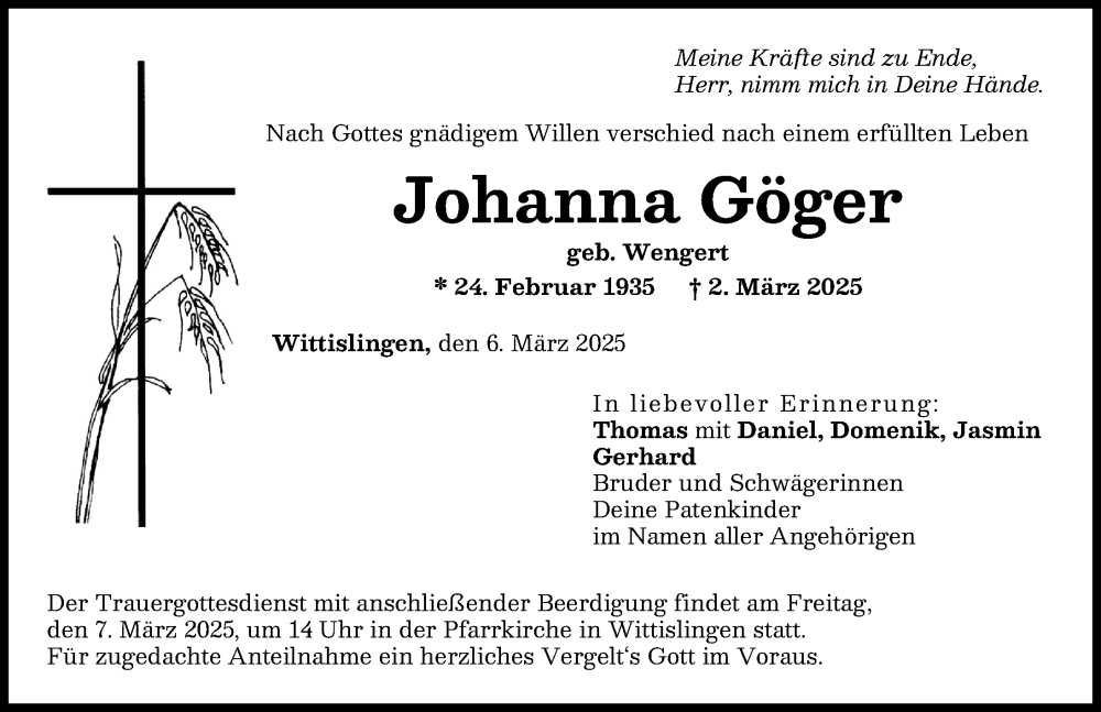 Traueranzeige von Johanna Göger von Donau Zeitung