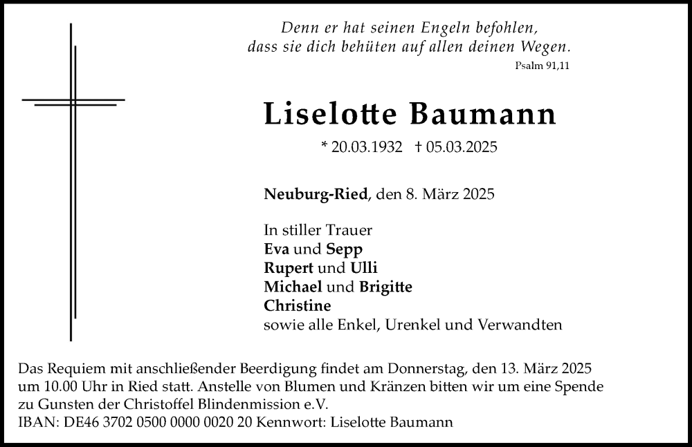 Traueranzeige von Liselotte Baumann von Neuburger Rundschau