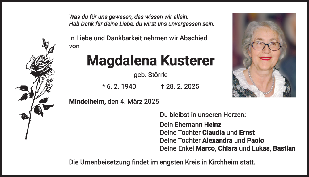 Traueranzeige von Magdalena Kusterer von Mindelheimer Zeitung