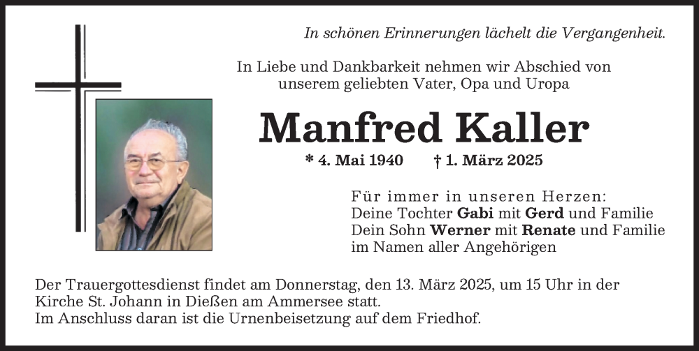 Traueranzeige von Manfred Kaller von Ammersee Kurier