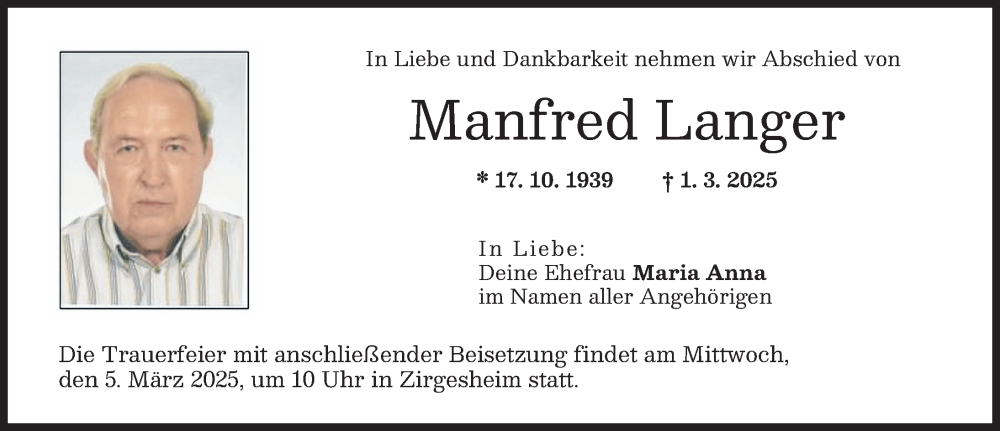 Traueranzeige von Manfred Langer von Donauwörther Zeitung