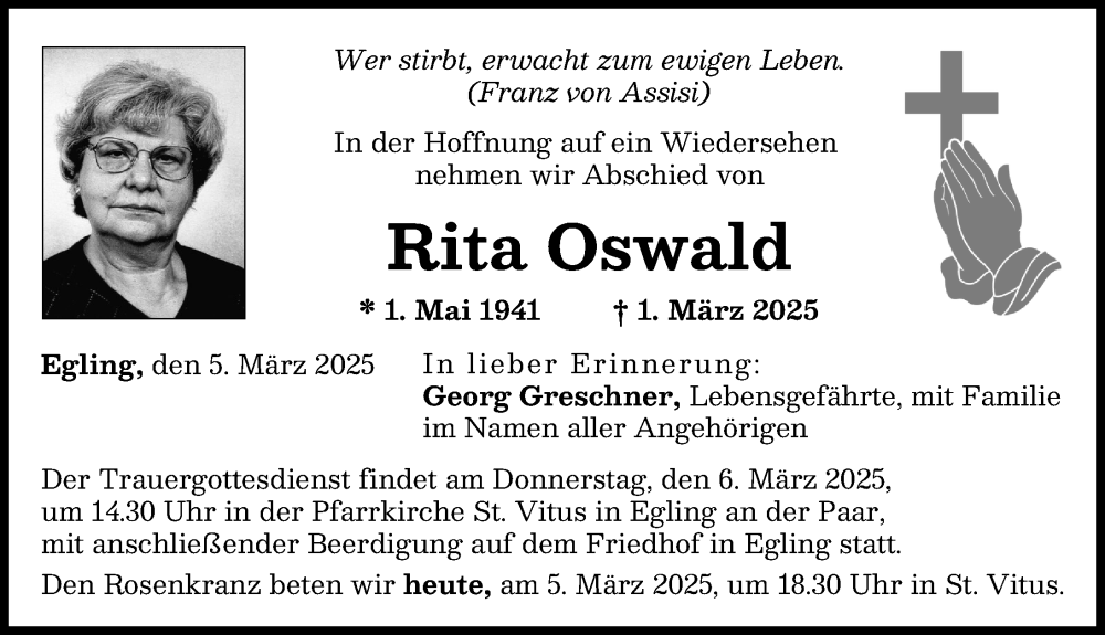 Traueranzeige von Rita Oswald von Landsberger Tagblatt, Friedberger Allgemeine