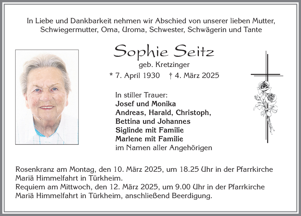 Traueranzeige von Sophie Seitz von Mindelheimer Zeitung