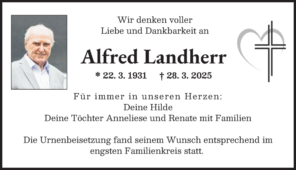  Traueranzeige für Alfred Landherr vom 26.04.2025 aus Augsburger Allgemeine
