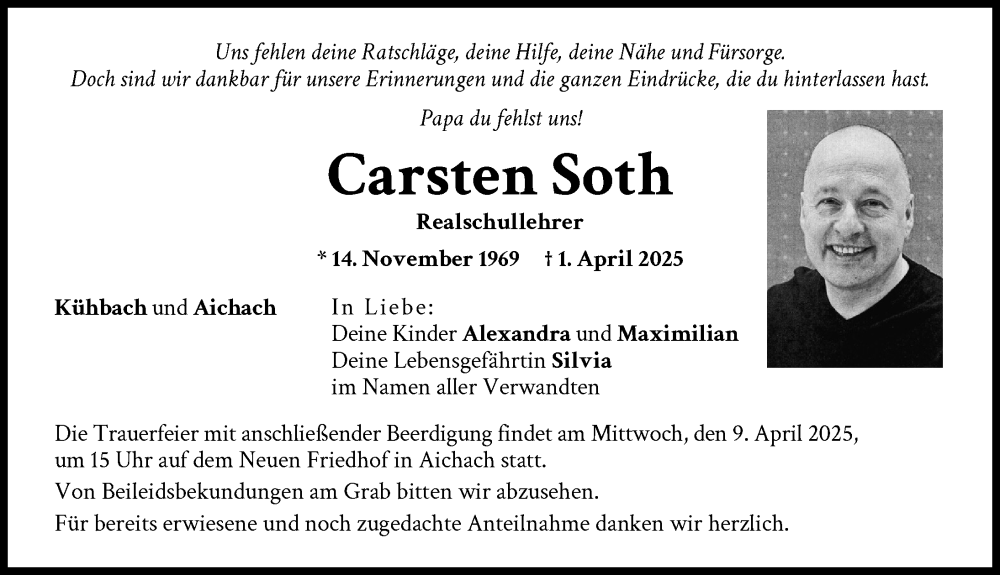  Traueranzeige für Carsten Soth vom 05.04.2025 aus Aichacher Nachrichten