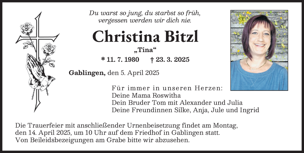  Traueranzeige für Christina Bitzl vom 05.04.2025 aus Augsburger Allgemeine